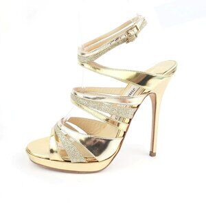 Jimmy Choo Heels Gold Chrome Silver Glitter Ankle Strap Sandals Size 36.5